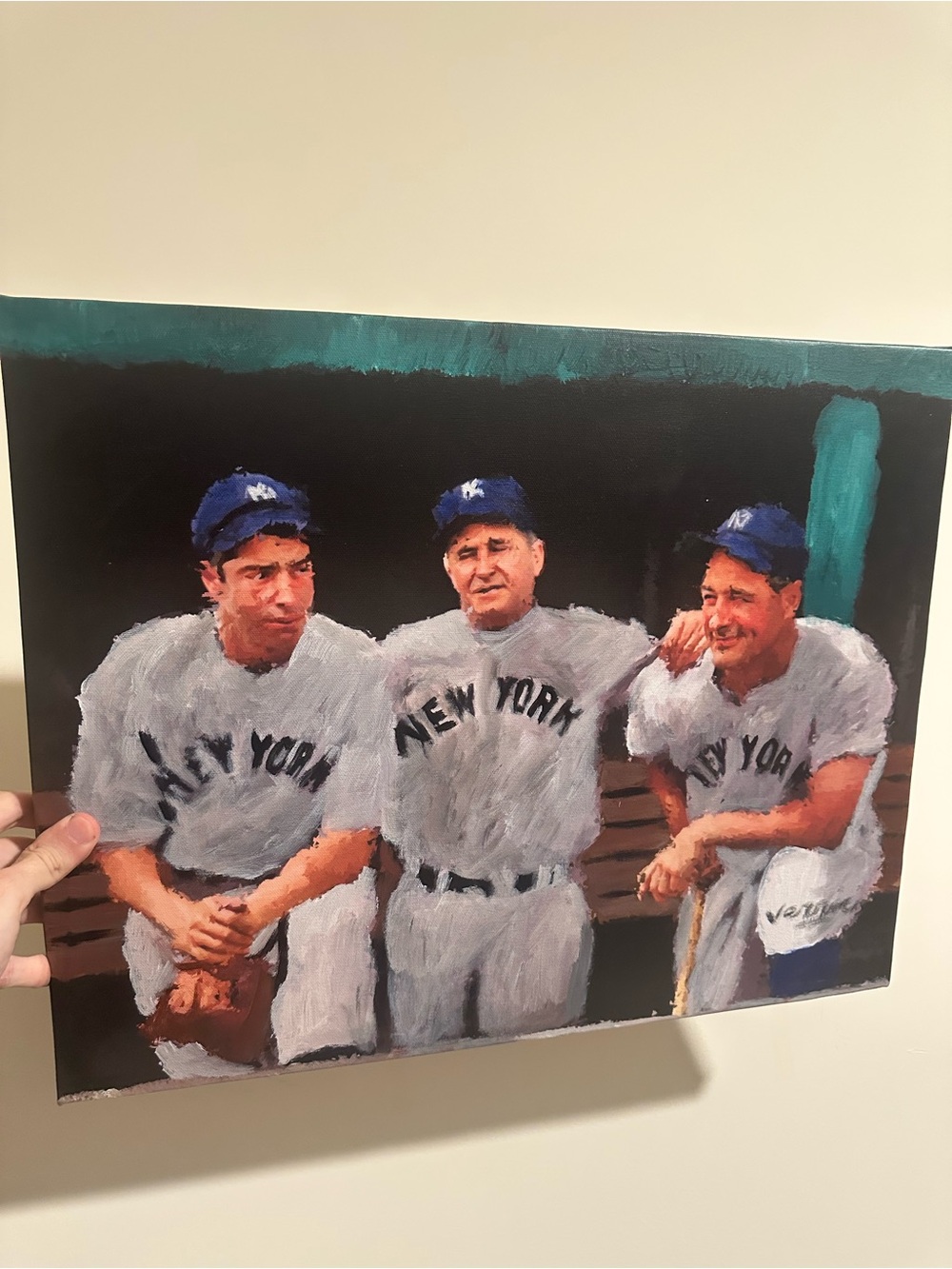 Joe Dimaggio Lou Gehrig Casey Stengel original painting 16x20 1/1 on canvas